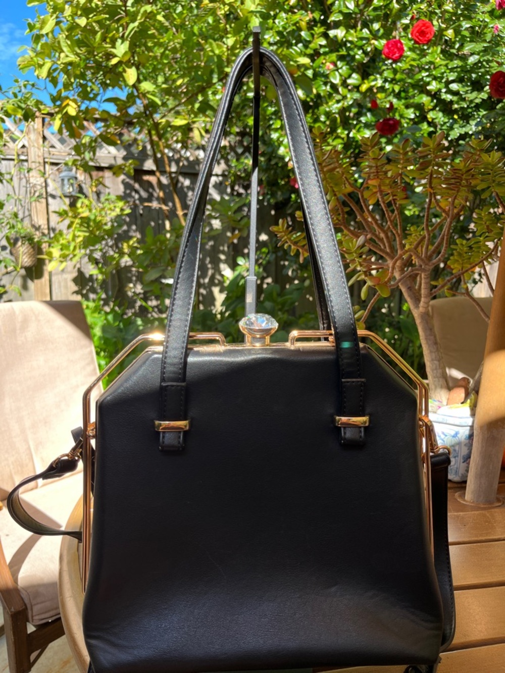 Classic Black Structured Tote Bag with Gold Trim